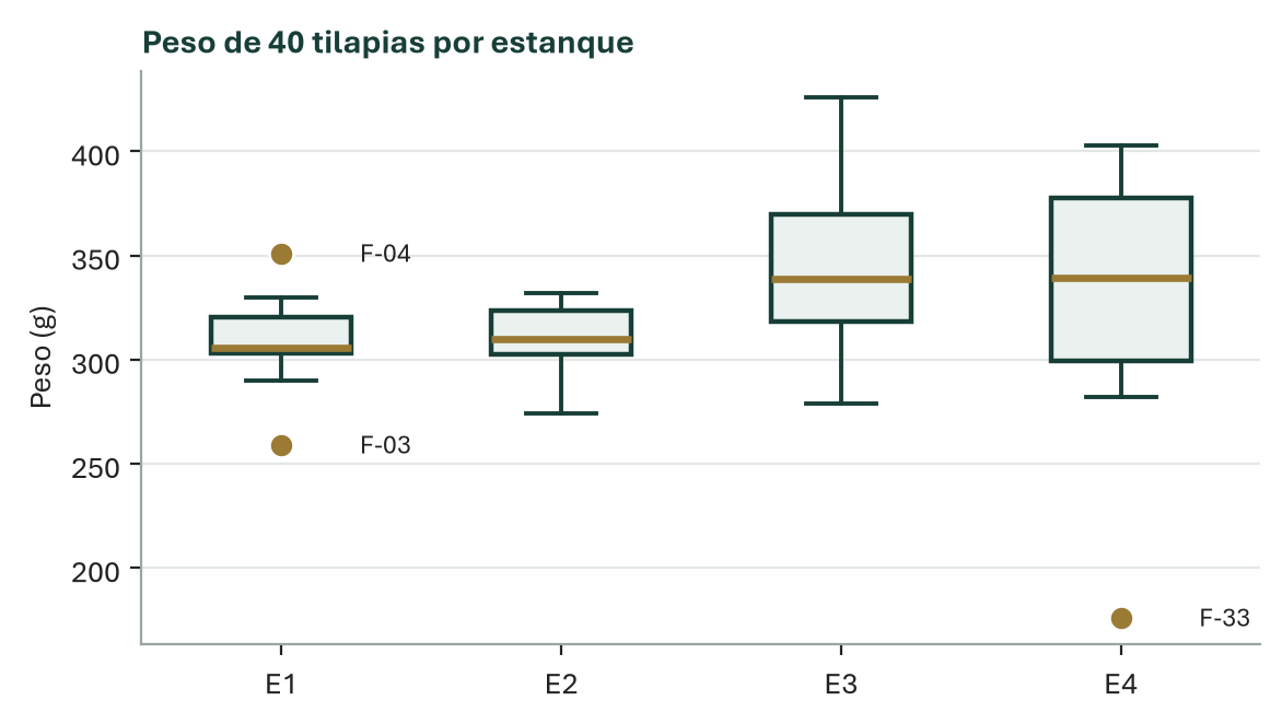 Figura 1. Peso de 40 tilapias por estanque. Los puntos son peces fuera de los límites de revisión.